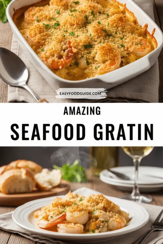 A golden-brown seafood gratin with shrimp and scallops, garnished with parsley, in a ceramic dish.