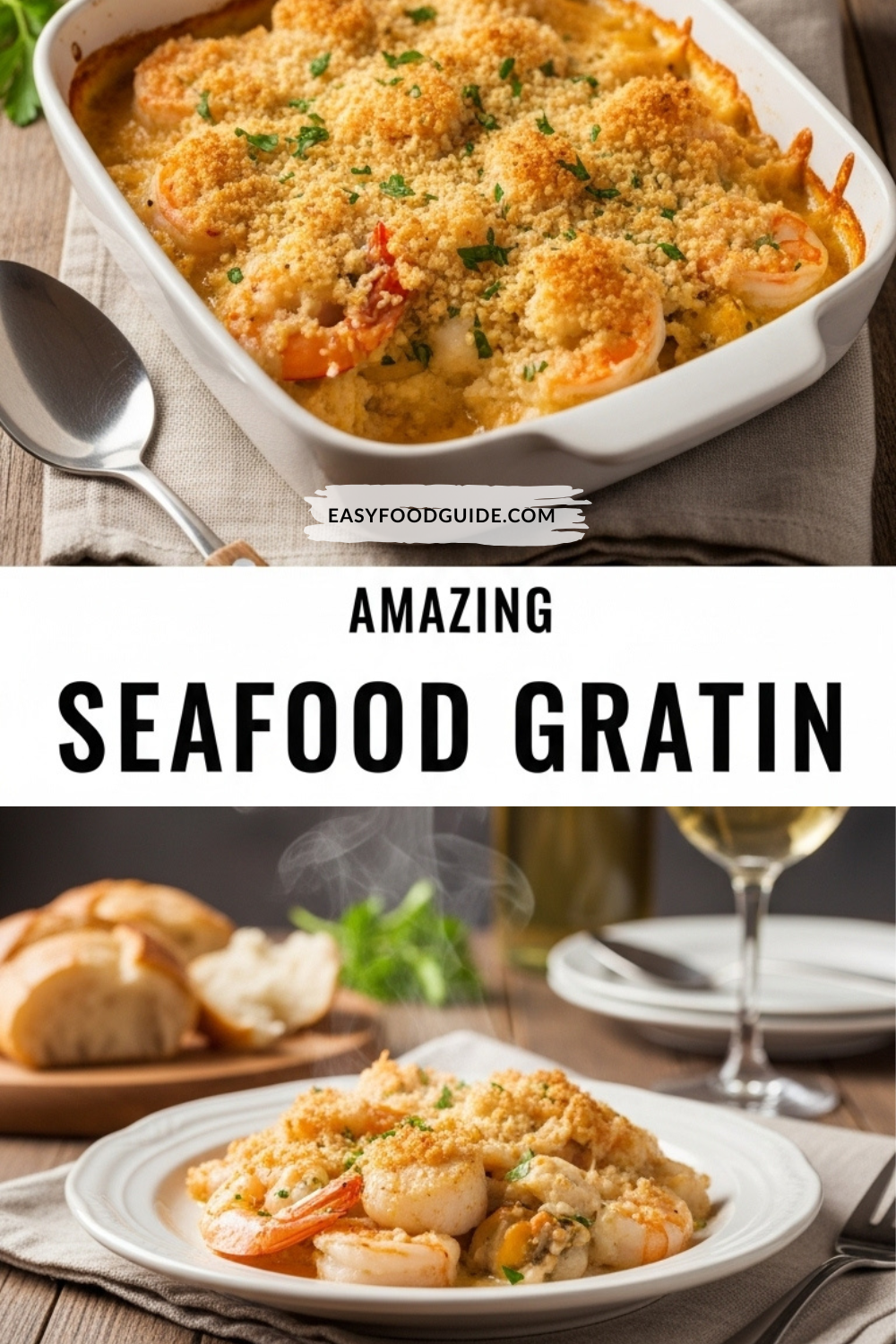 A golden-brown seafood gratin with shrimp and scallops, garnished with parsley, in a ceramic dish.