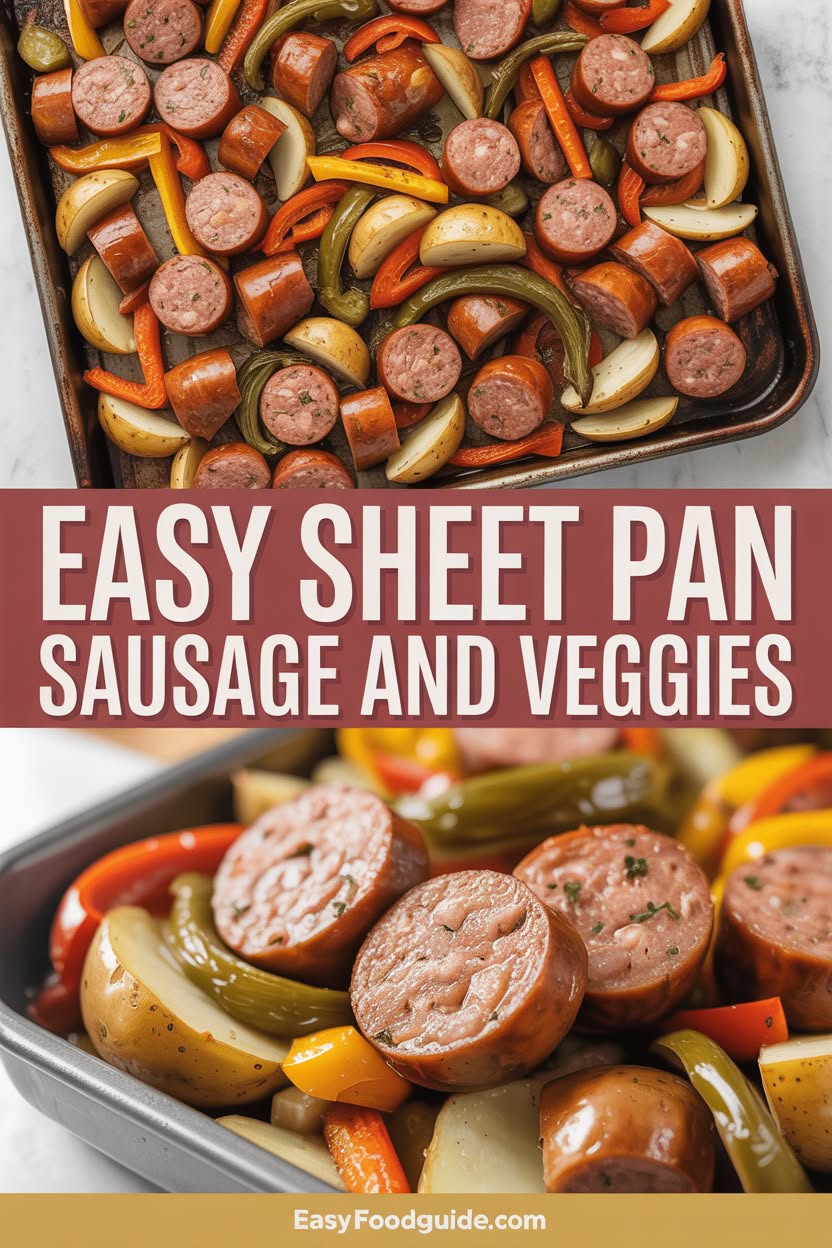 A sheet pan with roasted sausage and mixed vegetables including potatoes, bell peppers, and broccoli.