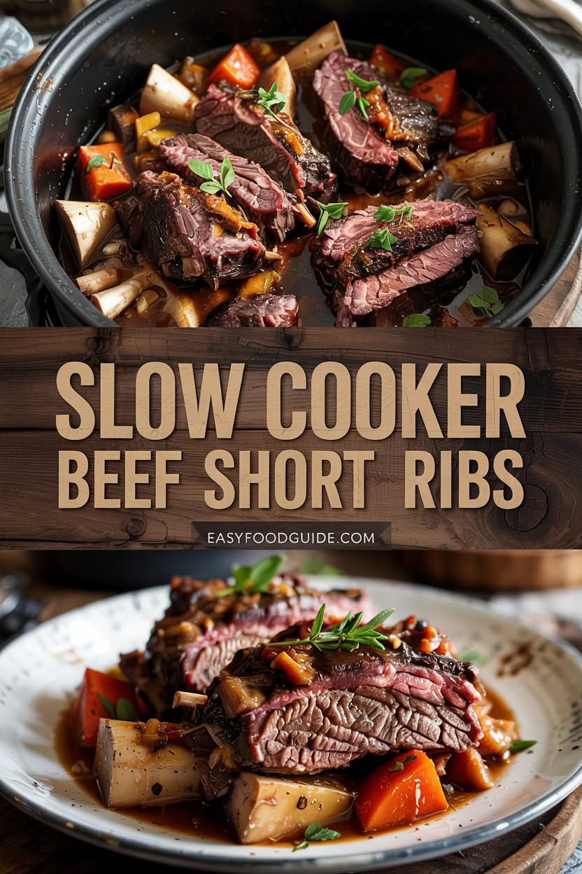 Tender slow cooker beef short ribs with mashed potatoes and roasted carrots on a rustic table.