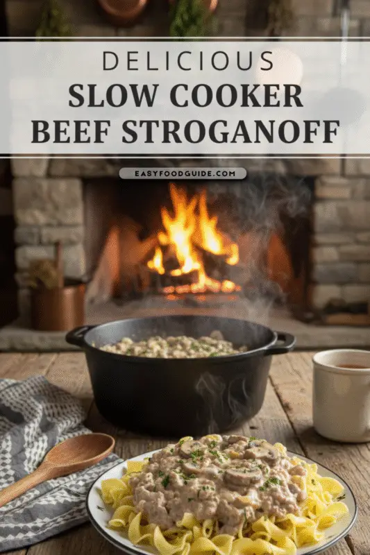 Creamy beef stroganoff in a bowl, garnished with parsley, with steam rising in a cozy kitchen setting.