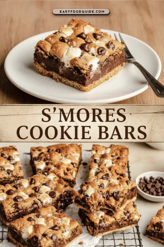 S’mores cookie bars cut into squares, topped with chunks of chocolate, marshmallows, and chocolate chips on parchment paper