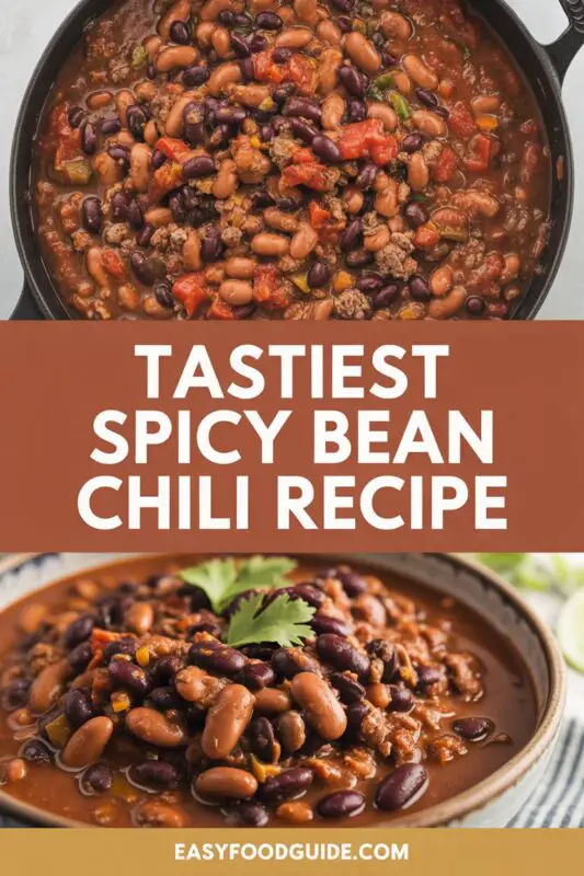 A hearty bowl of spicy bean chili with ground beef, kidney beans, and topped with cheese and green onions on a wooden table.