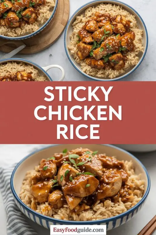 Sticky honey garlic chicken served over jasmine rice, garnished with green onions and sesame seeds.