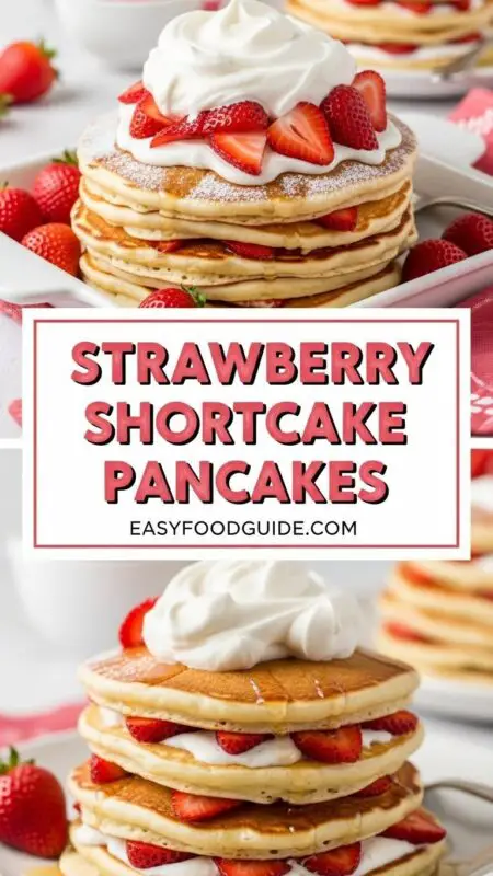 Fluffy Strawberry Shortcake Pancakes topped with fresh berries & whipped cream. Easy, delicious breakfast recipe, try it today!