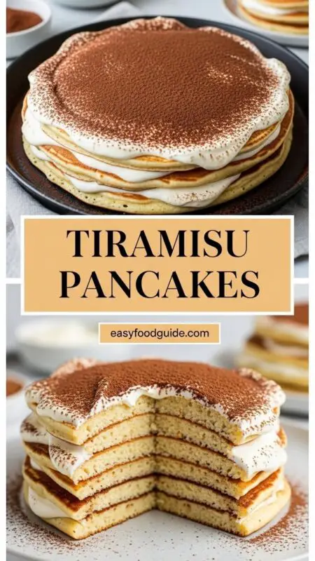Fluffy tiramisu pancakes with mascarpone filling, cocoa powder, and liqueur drizzle on a rustic plate.