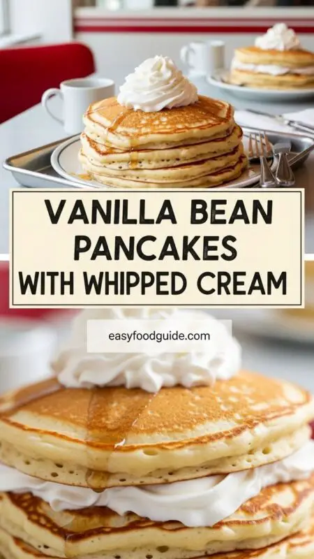 Fluffy vanilla bean pancakes with whipped cream and syrup on a wooden table.