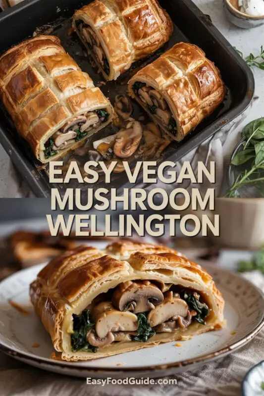 A golden Vegan Mushroom Wellington on a cutting board, showcasing its flaky pastry and savory filling, with a bowl of vegan gravy on the side.
