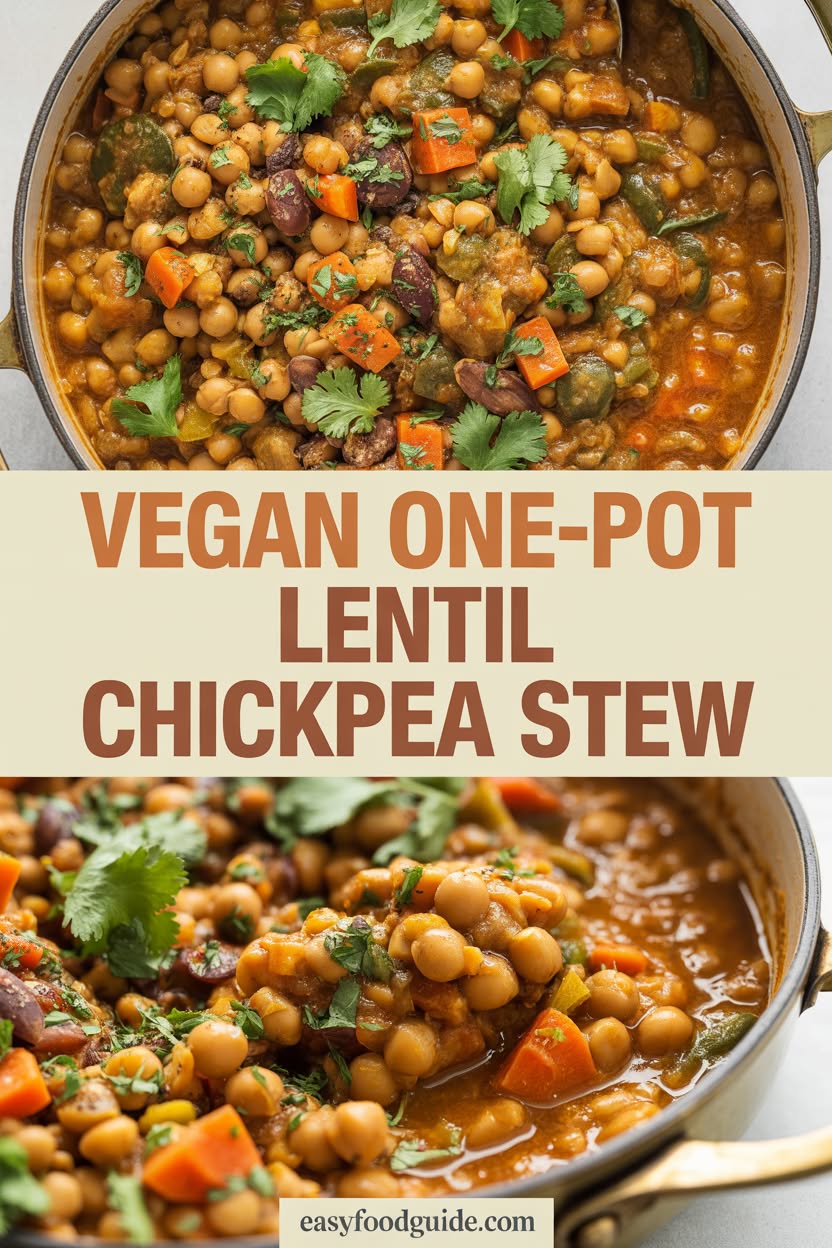A bowl of vegan lentil chickpea stew with colorful vegetables, garnished with herbs, served with bread on a wooden table.