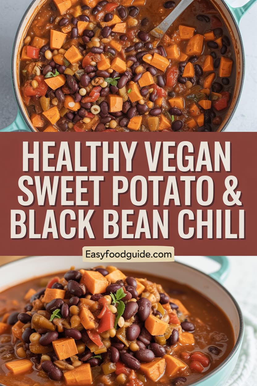 A bowl of vegan sweet potato and black bean chili, garnished with cilantro, on a wooden table.