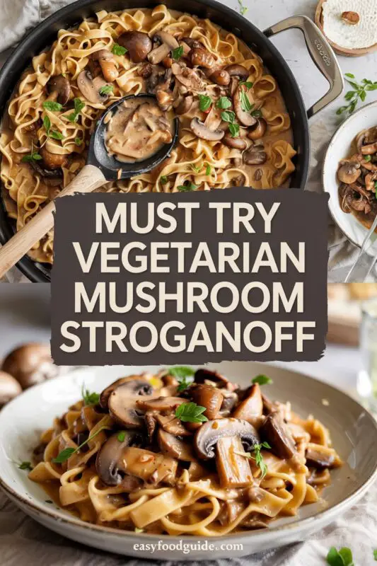 A bowl of creamy vegetarian mushroom stroganoff with mushrooms and parsley over egg noodles on a wooden table.