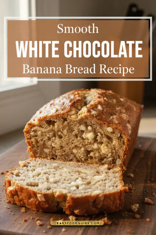 Sliced White Chocolate Banana Bread on a wooden board with whole bananas and white chocolate chips.