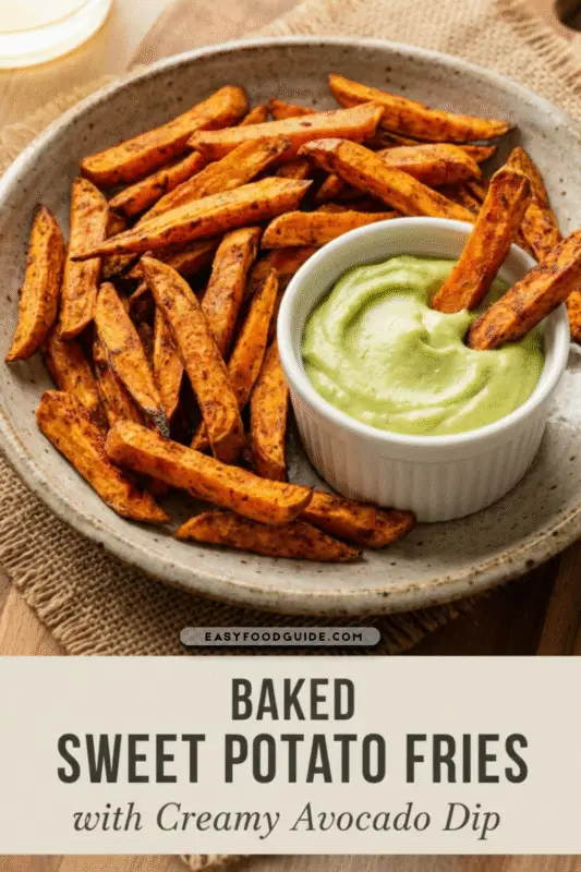 Golden-brown baked sweet potato fries with creamy avocado dip in a bowl, presented in soft natural lighting.