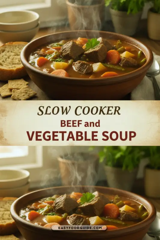 A cozy bowl of Slow Cooker Beef and Vegetable Soup with chunks of beef and colorful vegetables, garnished with parsley on a wooden table.