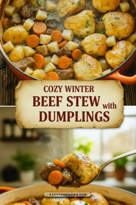 A cozy bowl of beef stew with dumplings, garnished with parsley, on a wooden table.