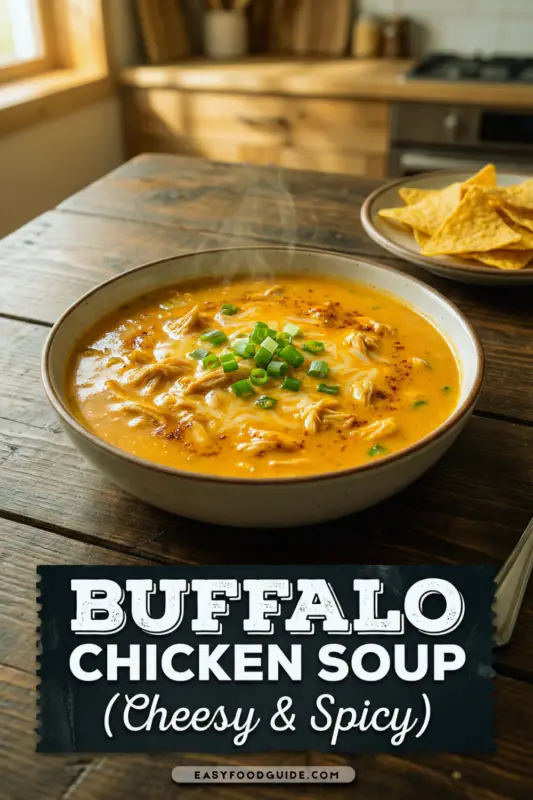 Close-up of a spoon scooping creamy Buffalo Chicken Soup with chicken and cheese from a ceramic bowl.