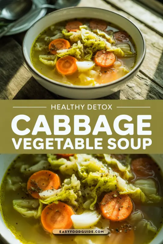 A rustic bowl of clear broth cabbage soup with tender vegetables, accompanied by crusty bread in a warm kitchen setting.