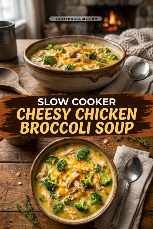 A bubbling crock pot filled with creamy Chicken Broccoli Cheddar Soup, featuring chunks of chicken and broccoli.