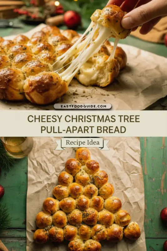 Cheesy pull-apart bread shaped like a Christmas tree, with melted cheese and garlic, on a festive table.