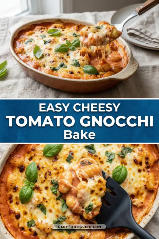 A bubbling cheesy tomato gnocchi bake in a rustic dish, topped with fresh basil.