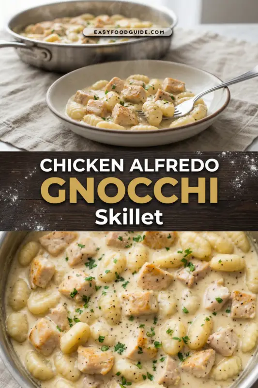 A bubbling cast iron skillet with creamy chicken Alfredo gnocchi, garnished with parsley.