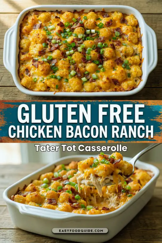 A golden-brown chicken bacon ranch tater tot casserole topped with cheese and bacon, served in a rustic dish on a wooden table.