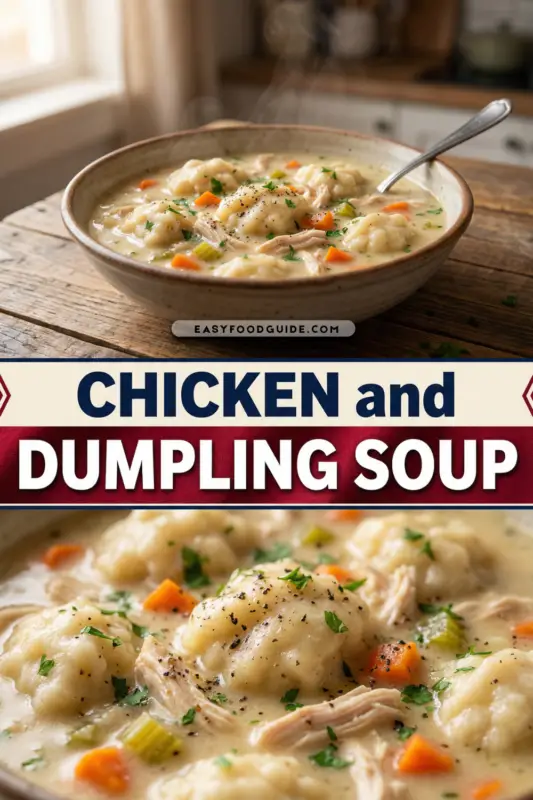 A bowl of creamy chicken and dumpling soup with carrots and dumplings on a checkered tablecloth.