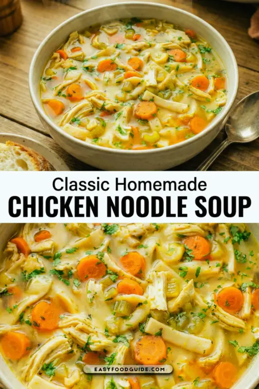 A steaming pot of chicken noodle soup with wide noodles, carrots, celery, and chicken on a gas stovetop in a cozy kitchen.