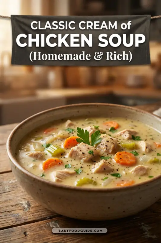A bowl of creamy chicken soup with chicken, carrots, and celery, garnished with parsley, surrounded by smiling family members at a dinner table.