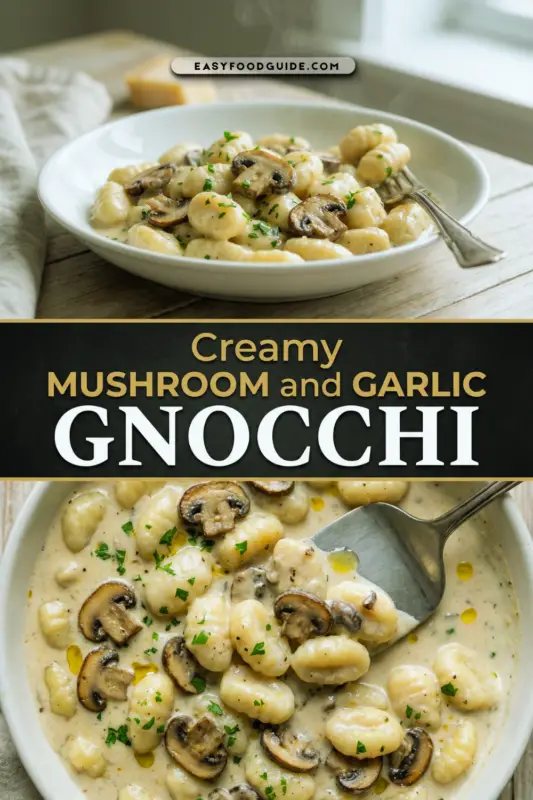A bowl of creamy mushroom gnocchi with parsley, showcasing steam and inviting light.