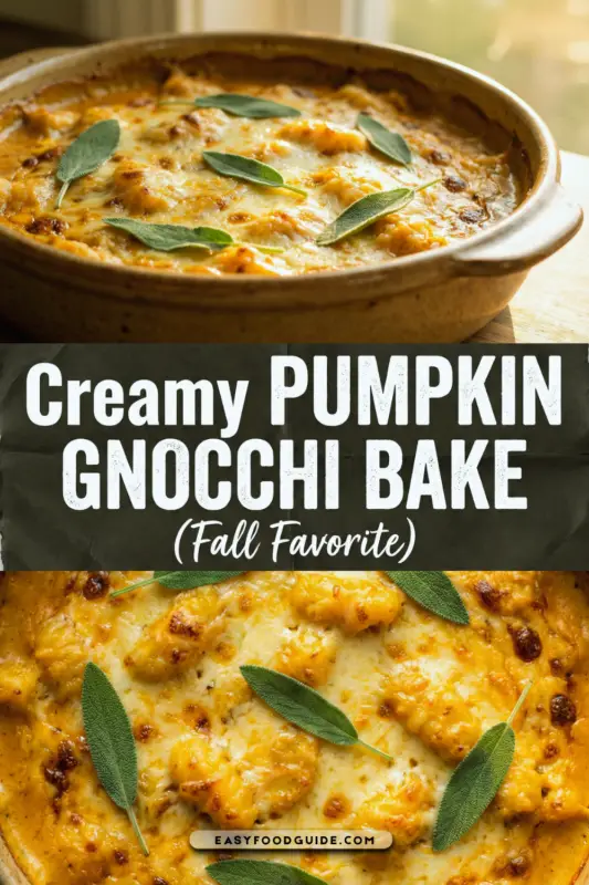 A bubbling creamy pumpkin gnocchi bake in a ceramic dish, topped with fresh sage, set on a wooden table.