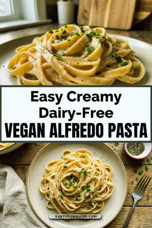 Creamy vegan fettuccine Alfredo pasta garnished with parsley on a rustic table.