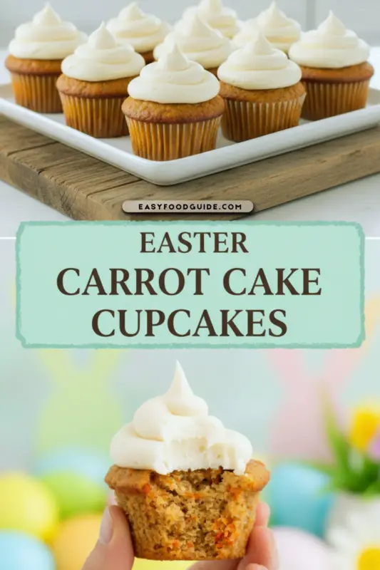 Easter Carrot Cake Cupcakes decorated with frosting, placed on a rustic wooden board with spring flowers.
