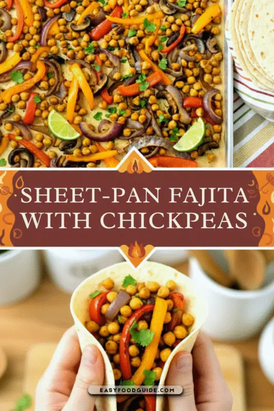 A colorful sheet pan of chickpea and bell pepper fajitas garnished with cilantro and lime wedges.