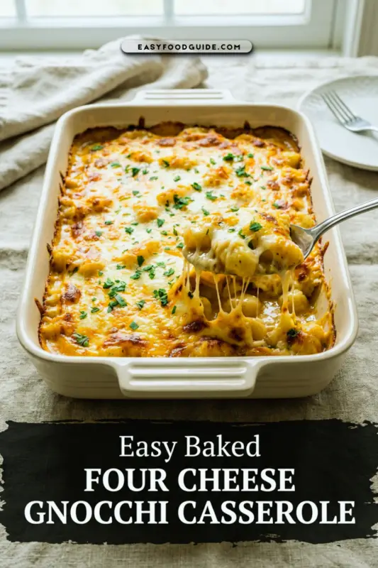 A bubbling four cheese gnocchi casserole with a spoon scooping out a cheesy portion, warm and inviting.