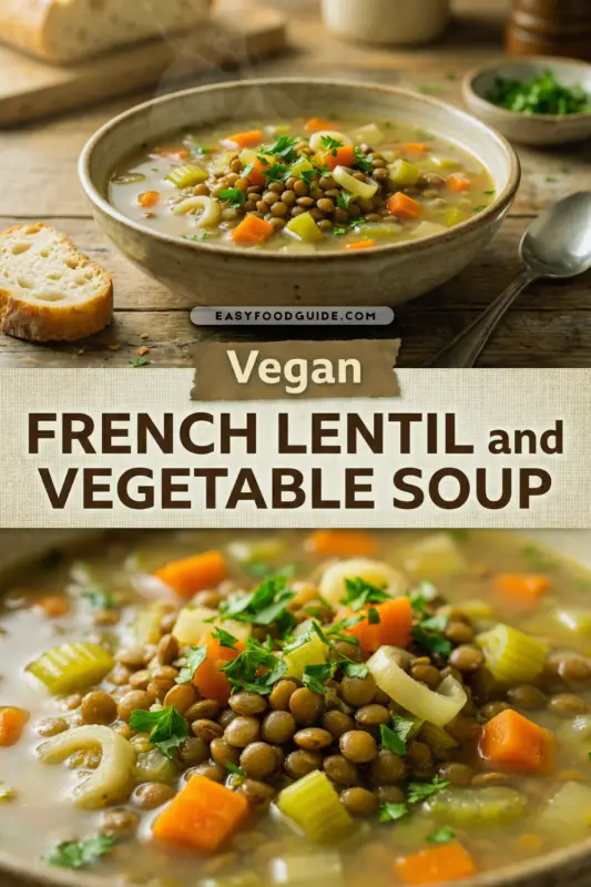 A rustic bowl of Vegan French Lentil and Vegetable Soup garnished with parsley, served with crusty bread on a wooden table.