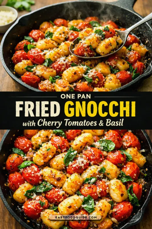 A cast iron skillet with crispy pan-fried gnocchi, cherry tomatoes, and basil, captured in soft natural light.