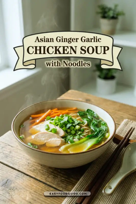 A vibrant bowl of Ginger Chicken Noodle Soup with ginger slices, chicken, and noodles on a rustic wooden table.