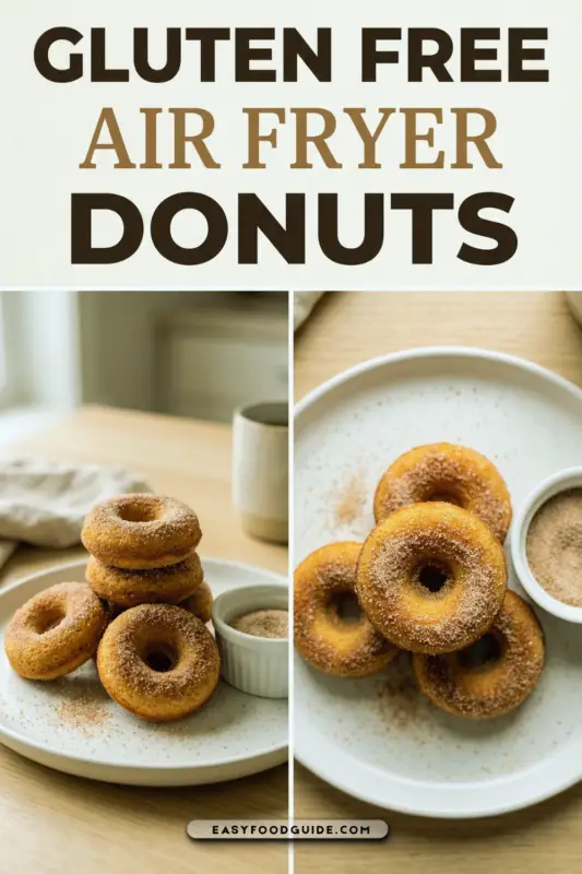 Golden-brown gluten free air fryer donuts dusted with cinnamon sugar on a rustic wooden board.