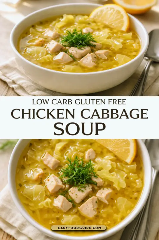 A bowl of low-carb gluten free chicken cabbage soup with dill and lemon on a rustic table.