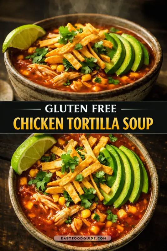 A bowl of gluten free chicken tortilla soup topped with cilantro and avocado, set in a cozy kitchen.