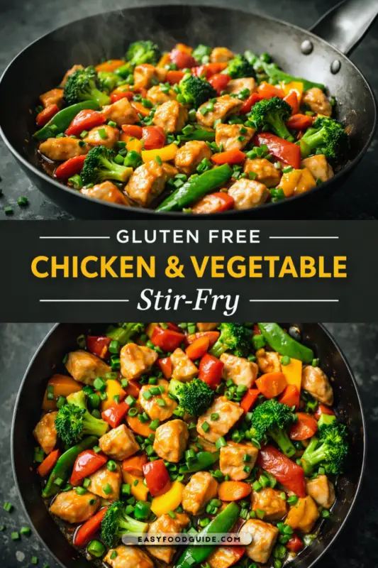 Colorful gluten-free chicken and vegetable stir-fry in a wok, garnished with green onions.