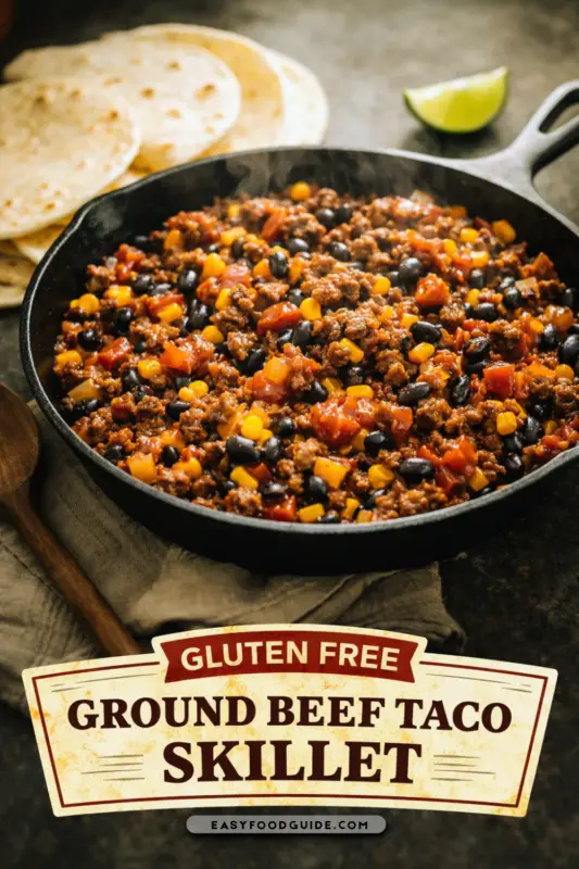 A close-up view of a gluten-free ground beef taco skillet with cilantro, tomatoes, and sour cream in a cast iron skillet.