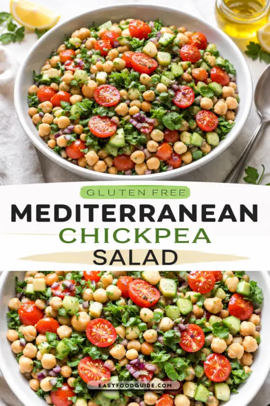 A colorful bowl of gluten free Mediterranean chickpea salad with chickpeas, cucumbers, tomatoes, and herbs on a rustic table.