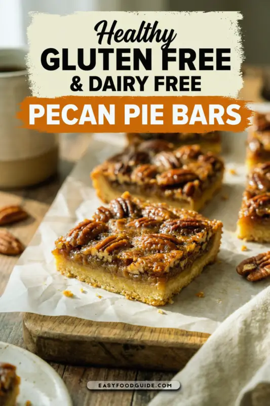 A close-up of a sliced pecan pie bar showcasing its layers of crust and filling on a rustic wooden board.