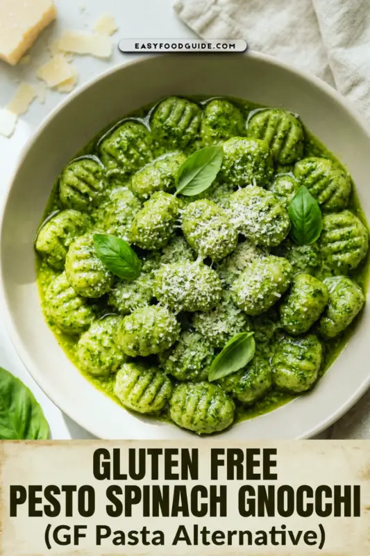 A bowl of gluten-free pesto spinach gnocchi in a creamy sauce, garnished with fresh basil, captured in warm natural light.