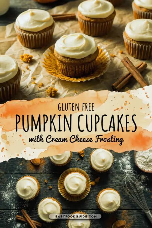 A beautifully frosted pumpkin cupcake on a white plate, showcasing its cream cheese frosting and pumpkin spice flavor.