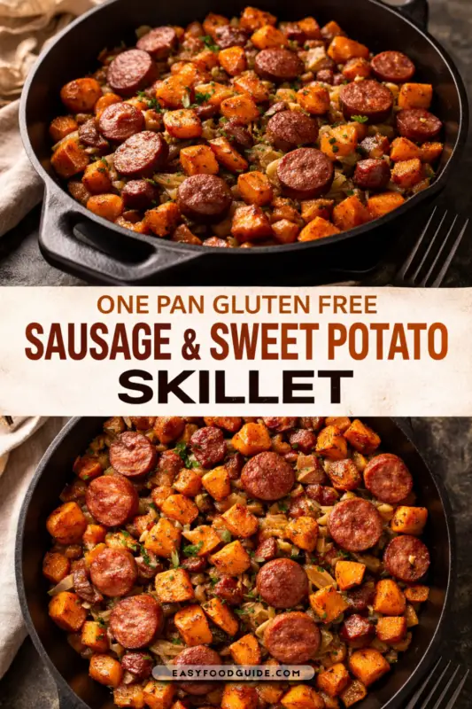 One-pan gluten-free sausage and sweet potato skillet with sausage and sweet potatoes garnished with herbs.