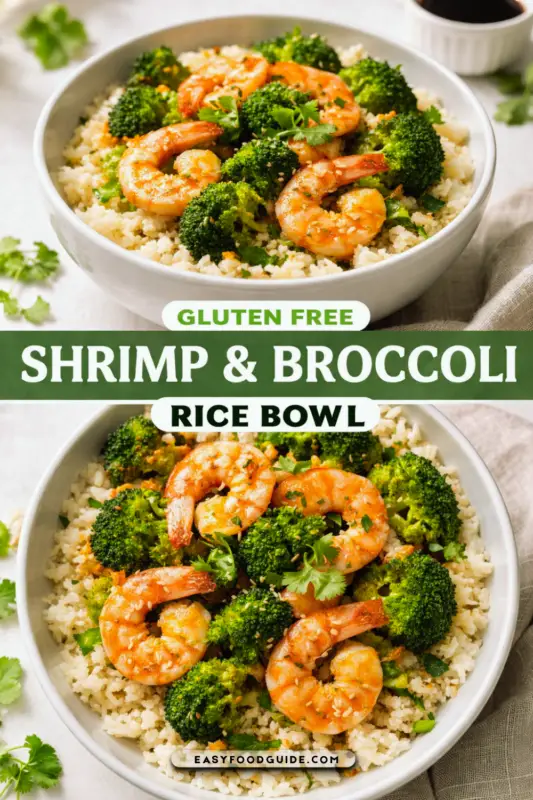 A colorful Gluten Free Shrimp & Broccoli Rice Bowl with shrimp, broccoli, and cauliflower rice, garnished with cilantro.