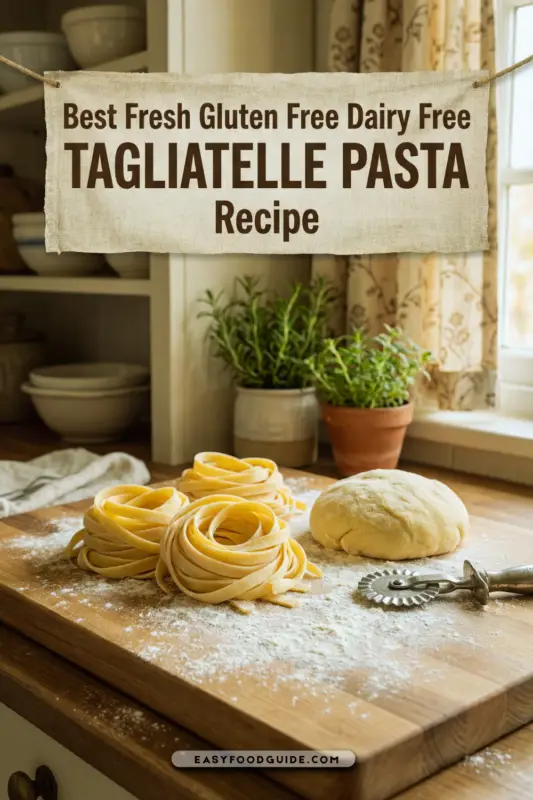 Freshly rolled gluten free dairy free tagliatelle pasta dough on a cutting board with a pasta cutter and coiled tagliatelle in a cozy kitchen.
